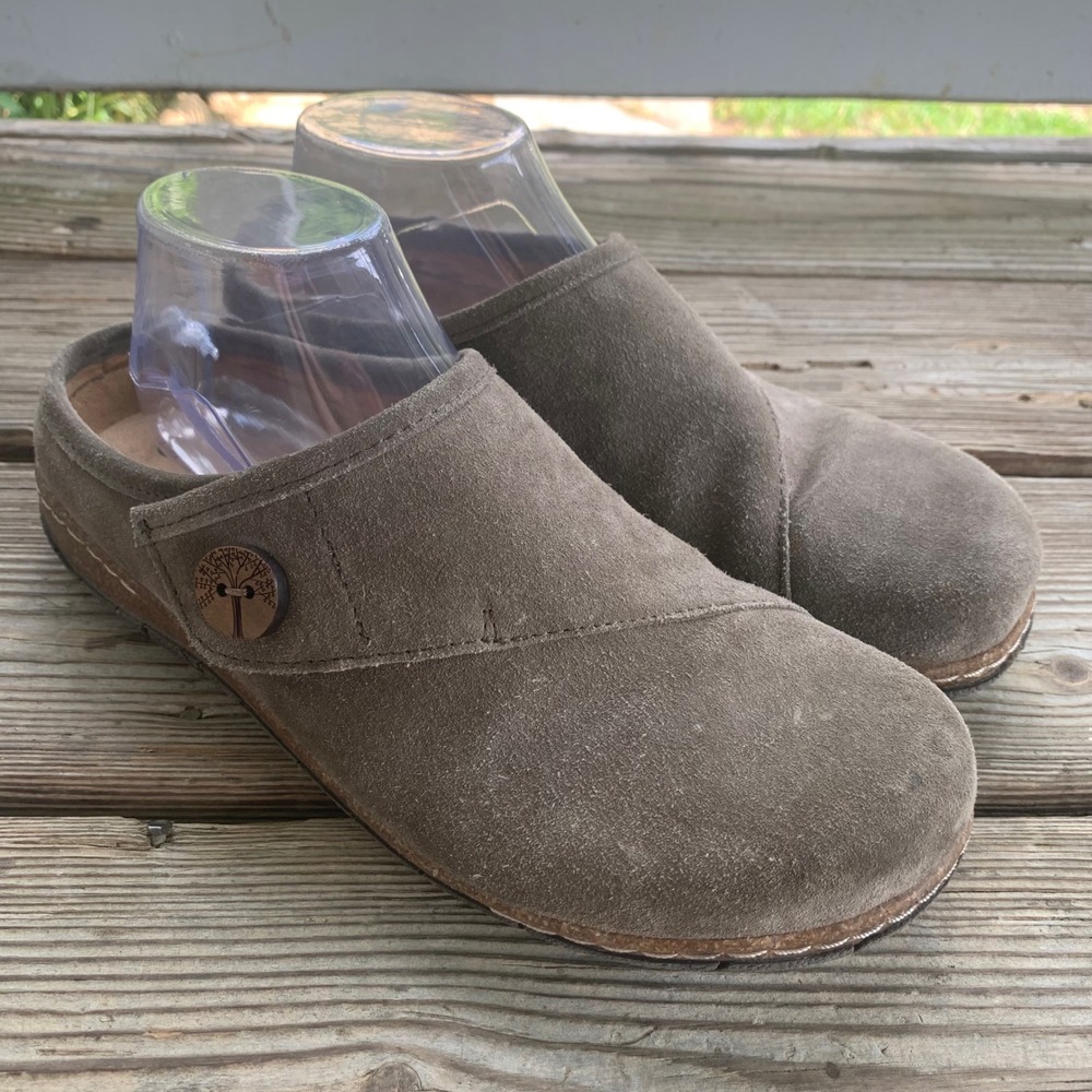 Earth Etezra Ezra Suede Leather Clogs Mules Womens 9.5 Slip On Taupe Boho Earthy